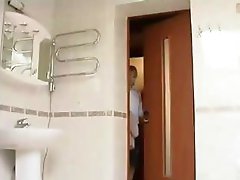 Hot blonde chick gets a surprise and gets fucked in the bath room